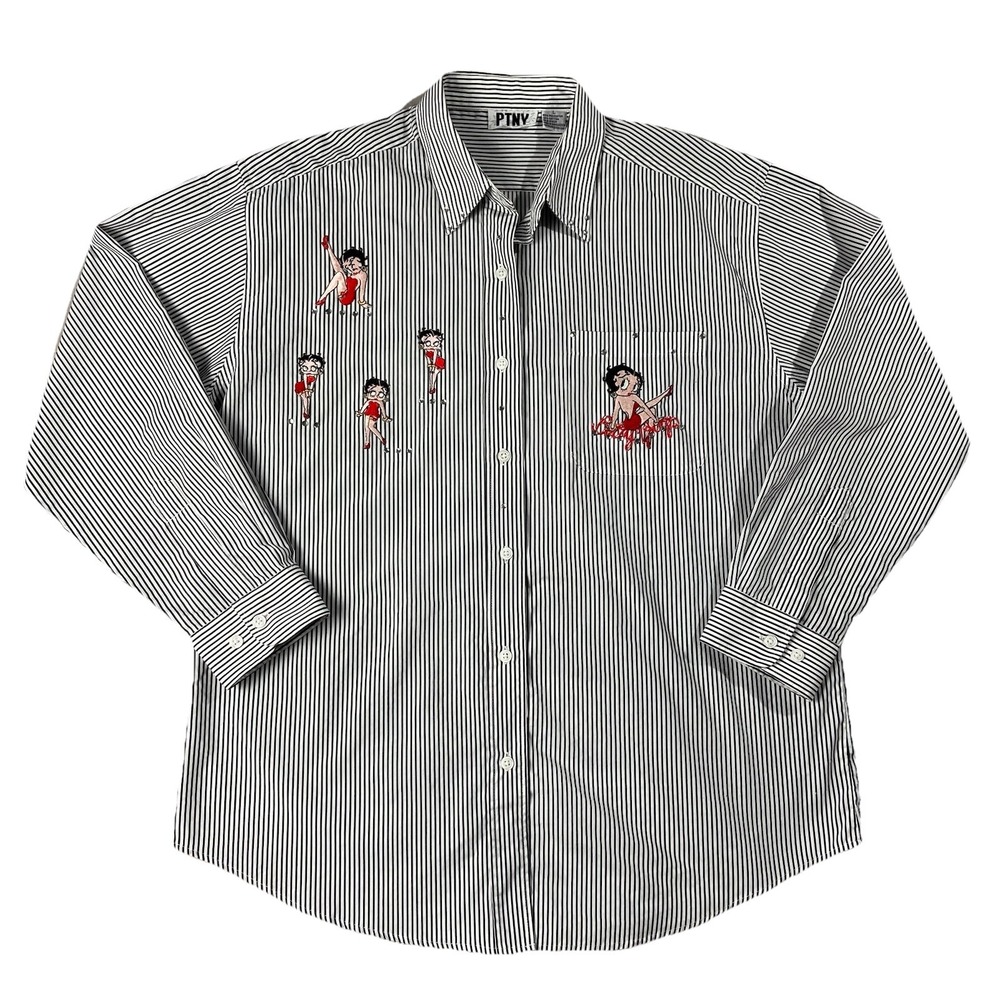 VTG Long Sleeve Button Up Embroidered Patch Betty Boop Shirt Striped Women L